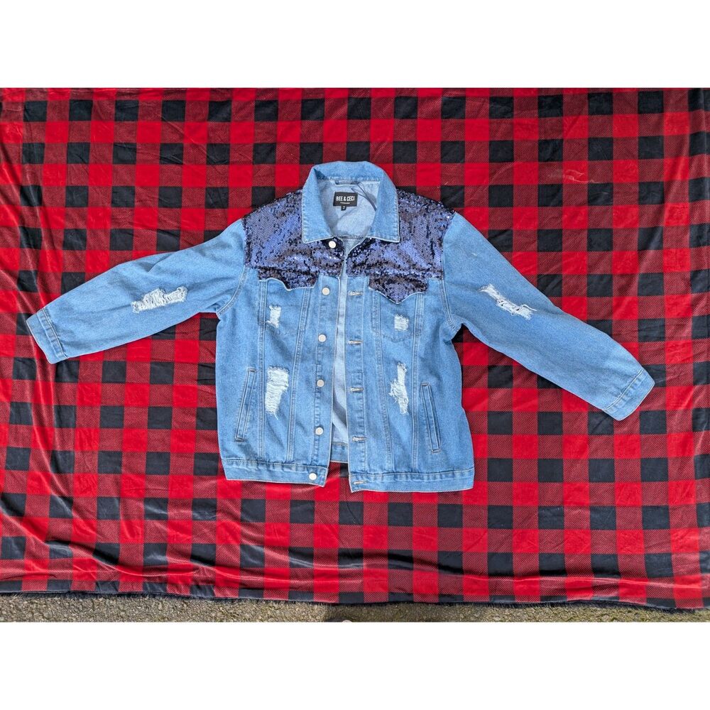 BEE & CECI Denim Jacket Coat Womens Size 3XL  Distressed Sequin